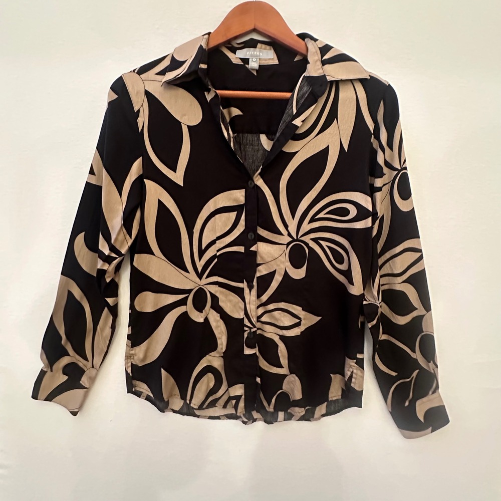 Foxcroft Fitted Women 4 Black Tan Floral Leaf Cotton Button Down Shirt Blouse